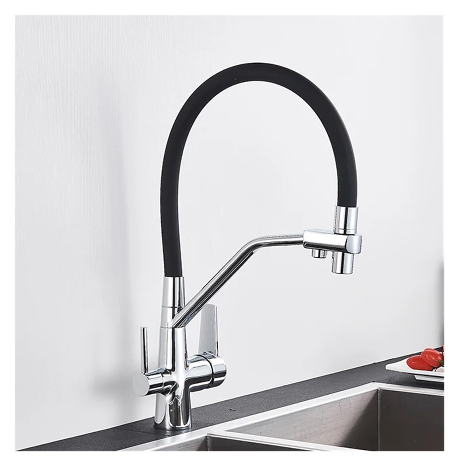 Robinet de cuisine avec filtre à eau double sortie, mitigeur évier chrome rotatif 360