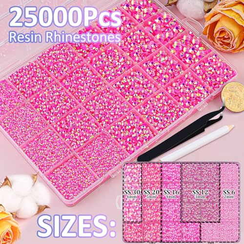 Image of 25000Pcs Resin Rhinestones for Crafting, Hot Pink AB 2-6mm Mixed Sizes Non Hotfix Flatback Gems with 1Pcs Glue, Bedazzling Crystal for DIY Craft Clothing Mugs Tumblers Shoes Fabric Decor Nail Art