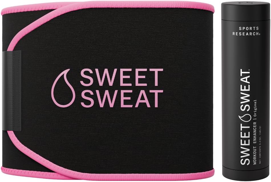 Sports Research Waist Trimmer Pack - Sweet Sweat Waist Trimmer (Black/Pink, Medium) & Workout Enhancer Roll-On Gel Original Scent (6.4oz)