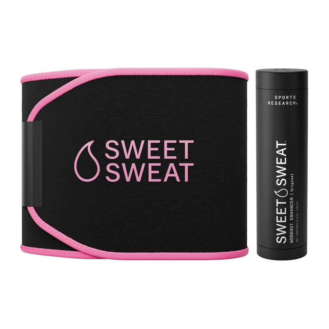 Sports Research Waist Trimmer Pack - Sweet Sweat Waist Trimmer (Black/Pink, Medium) & Workout Enhancer Roll-On Gel Original Scent (6.4oz)