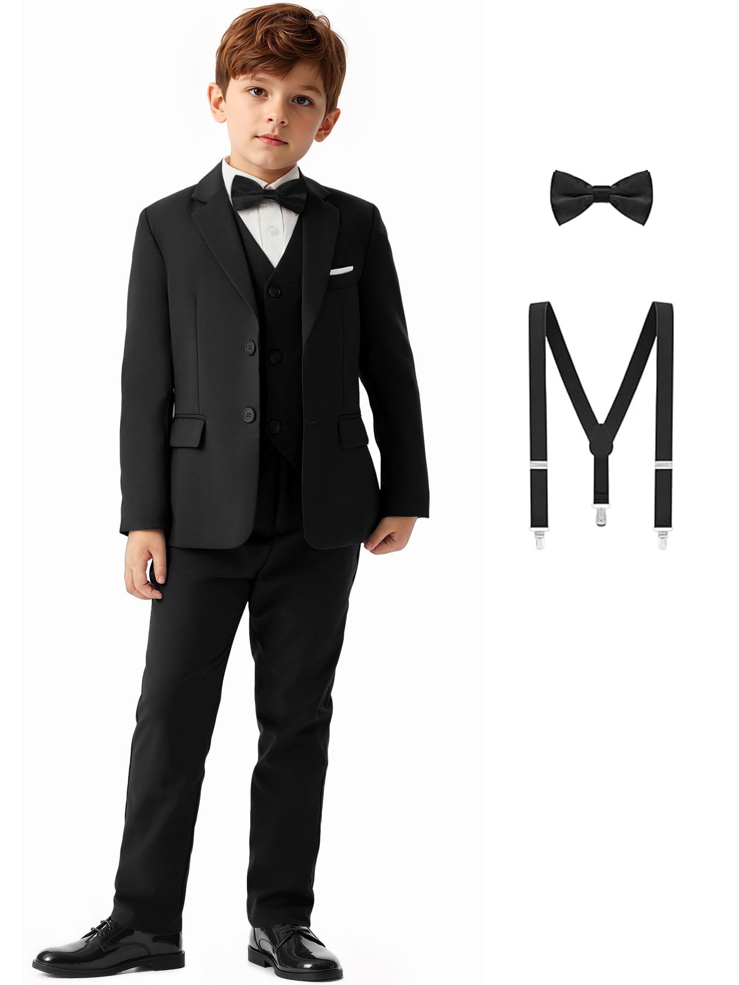 Jungen 5-teiliger Anzug Slim Fit Blazer Weste Hose Hosenträger Fliege Hochzeit