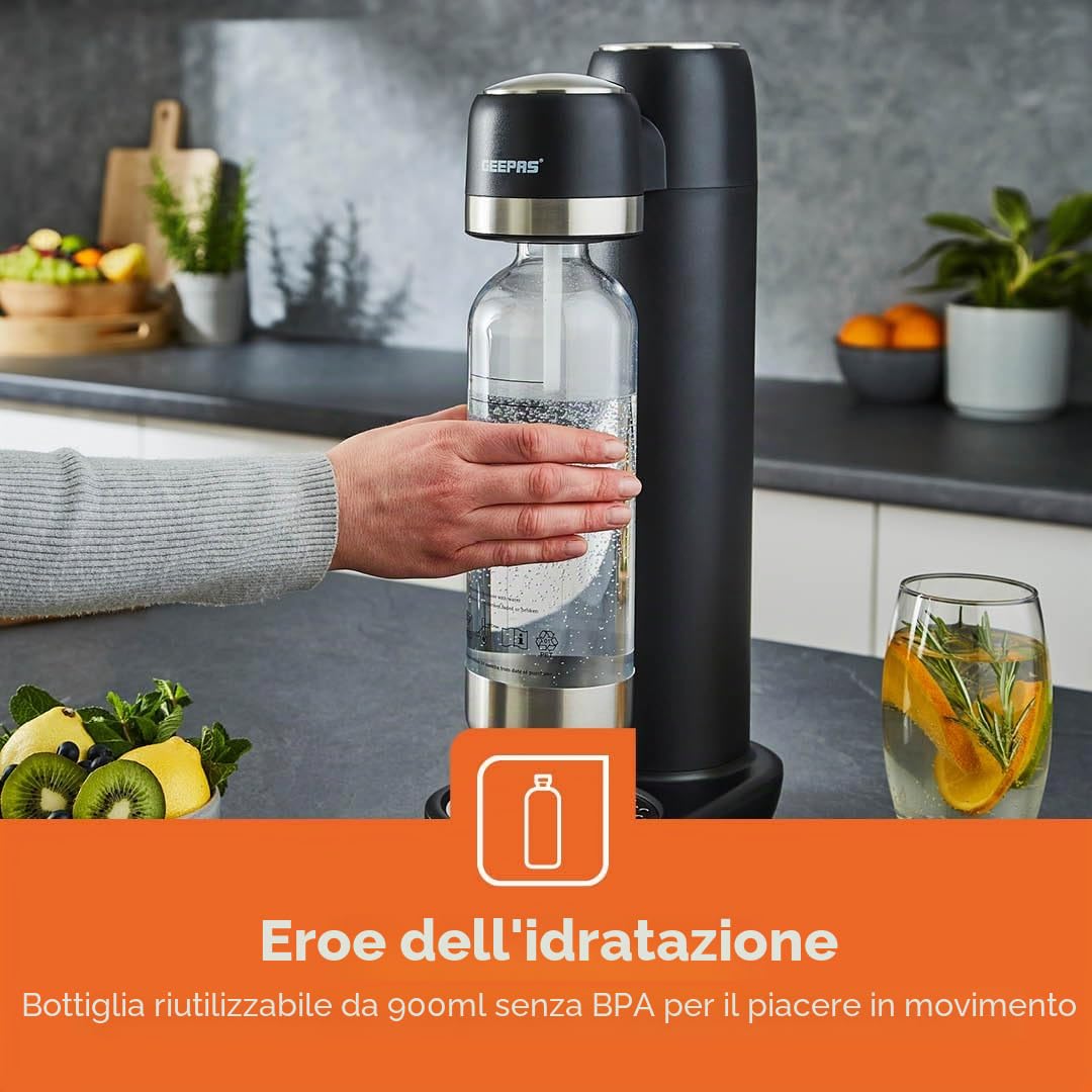GEEPAS Macchina per acqua frizzante con bottiglia da 900 ml, macchina per soda, macchina per bevande gassate, gasatore domestico, bombola di gas CO2 a connessione rapida (non inclusa) | nero