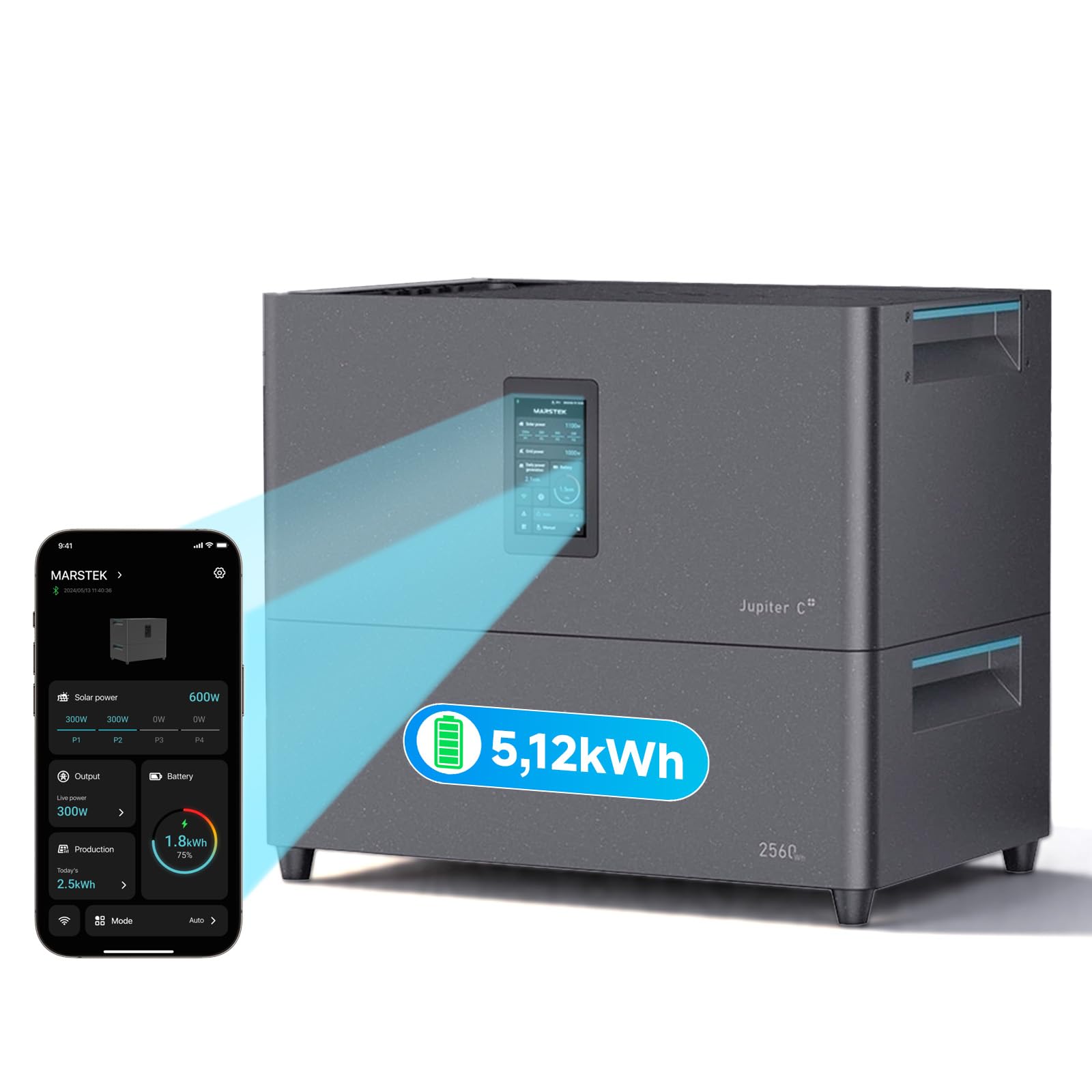 Marstek Jupiter C Plus 5,12kWh Speicher für Balkonkraftwerk (0% VAT), 4 MPPT 2400W Solareingang, All-in-One Stromspeicher mit Mikroinverter, bis zu 10,24kWh Kapazität, IP65, 6000 Zyklen
