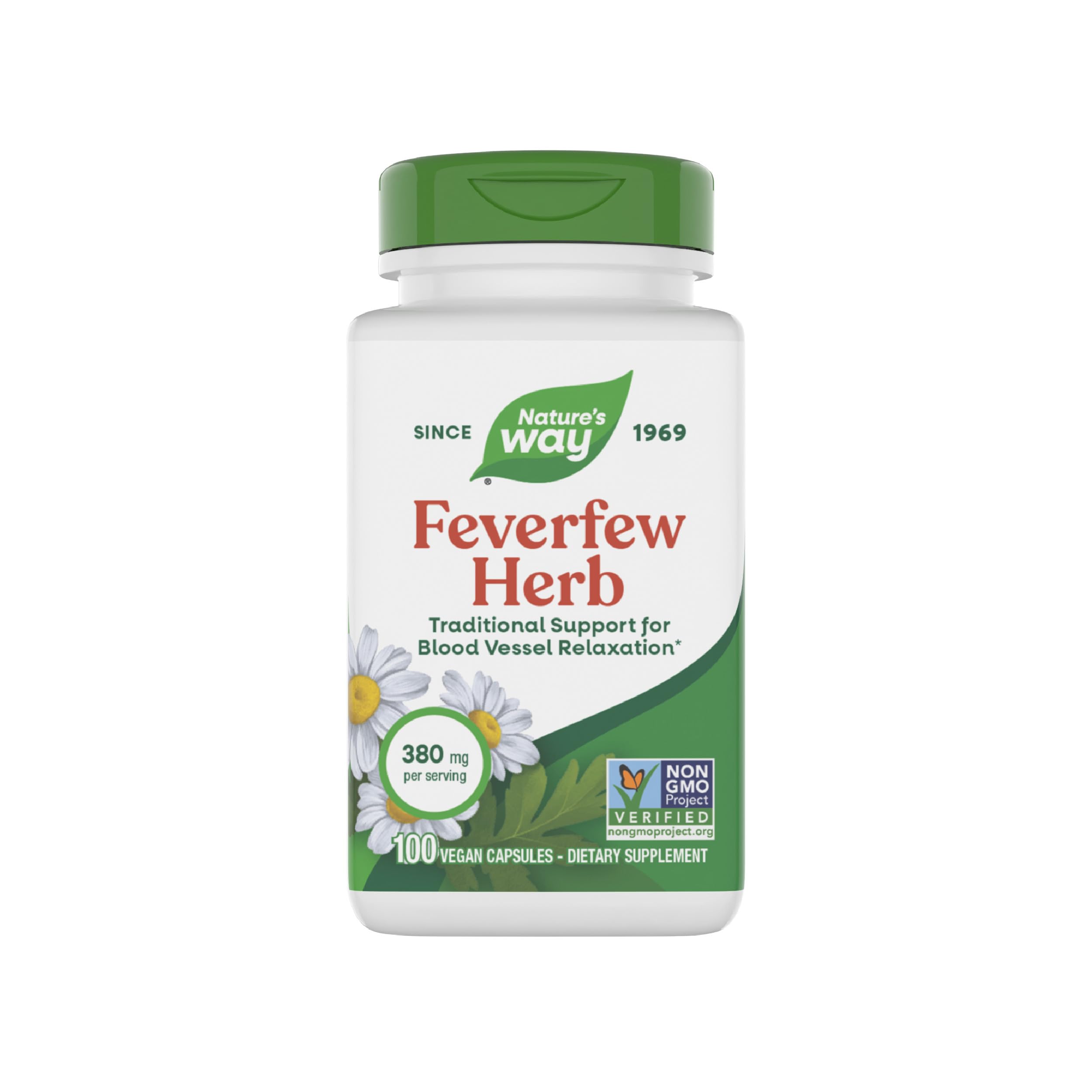 Nature's Way Feverfew Herb, Traditional Support for Blood Vessel Relaxation*, 380 mg per Serving, Non-GMO Project Verified, 100 Vegan Feverfew Capsules (Packaging May Vary)