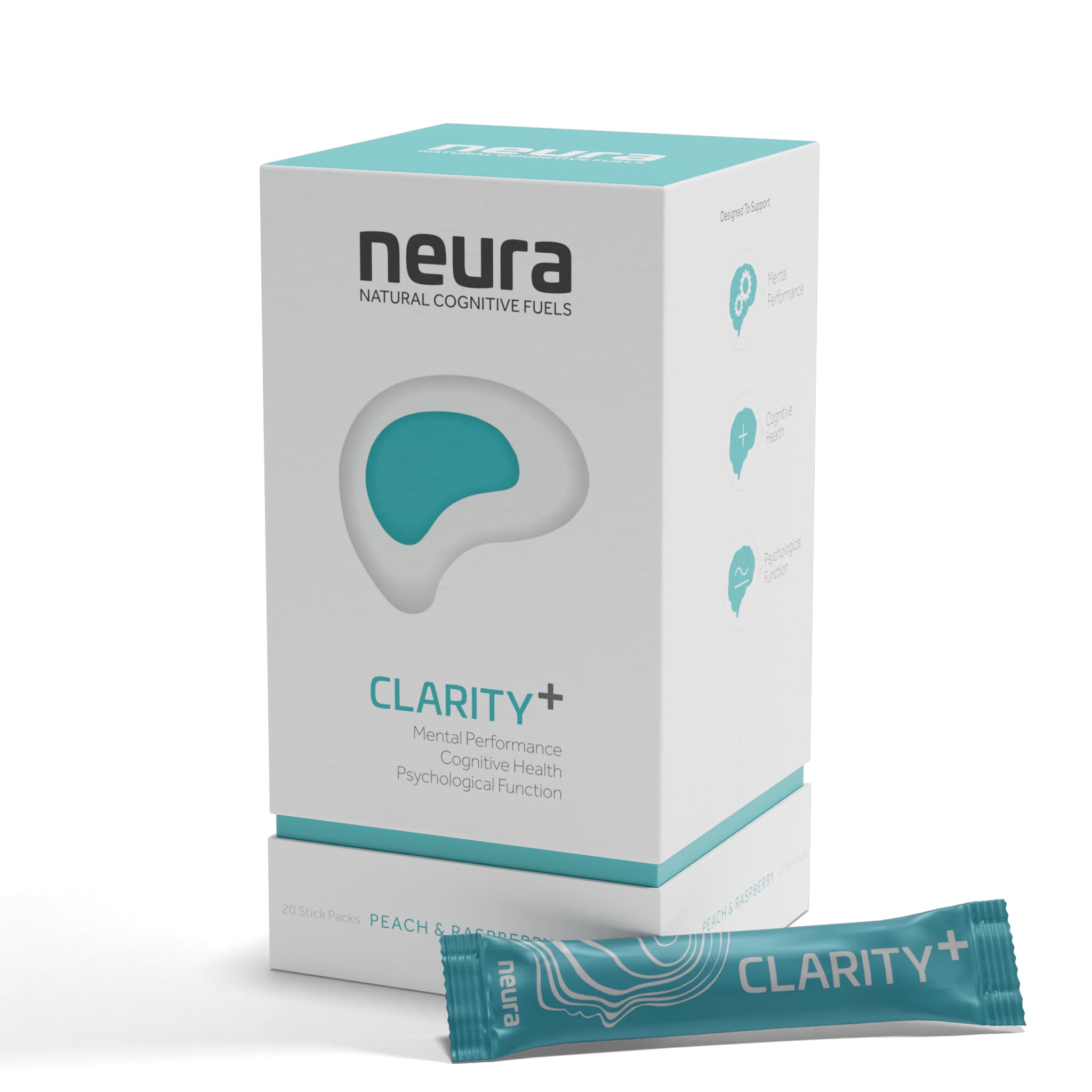 Neura - Clarity+ - Natural Brain Supplement Nootropic for Memory, Focus & Mood - White Peach & Raspberry Flavour - Dosed Lion's Mane Mushroom, Green Tea Extract - 20 Sachets
