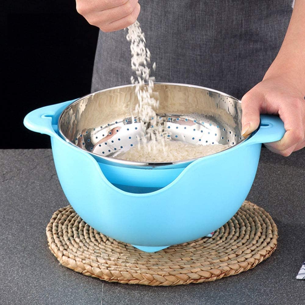Colador Colador 2 en 1 Cestas de Frutas giratorias para Cocina Coladores microperforados Desmontables Autodrenantes para Pasta Arroz Espagueti Fideos Ensaladas Verduras (Azul)-Blue