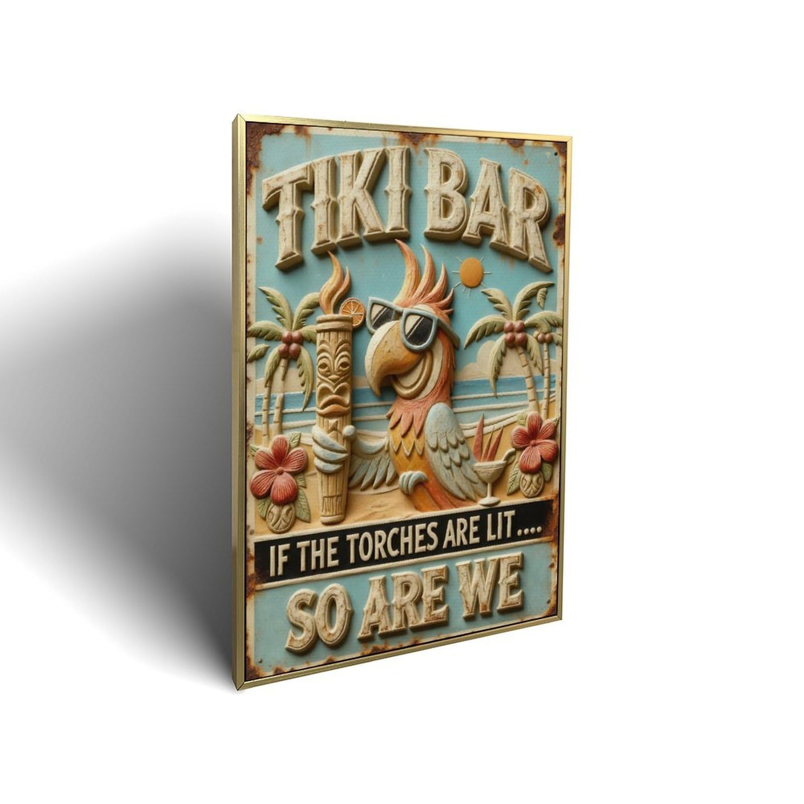 Lvalogy Golden-Style Tiki Bar Parrot Palm Beach Framed Canvas Wall Art