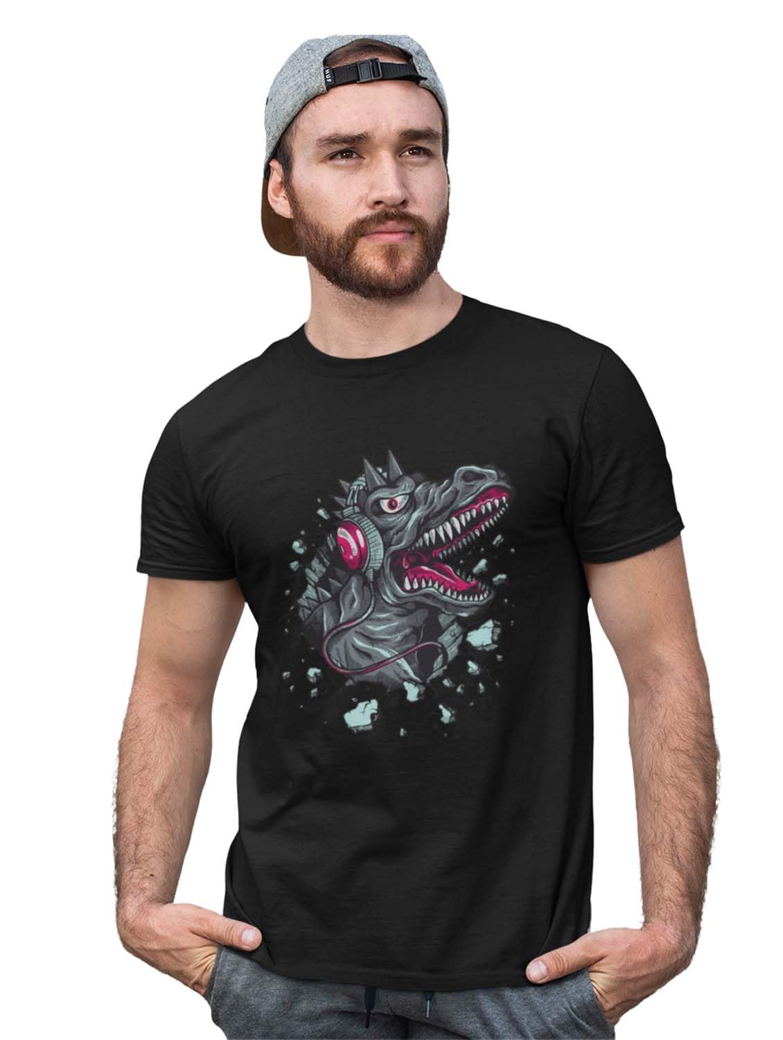 Aayansh CreationDinasaur with Headphone Black Round Neck Cotton Half Sleeved T-Shirt with Printed Graphics