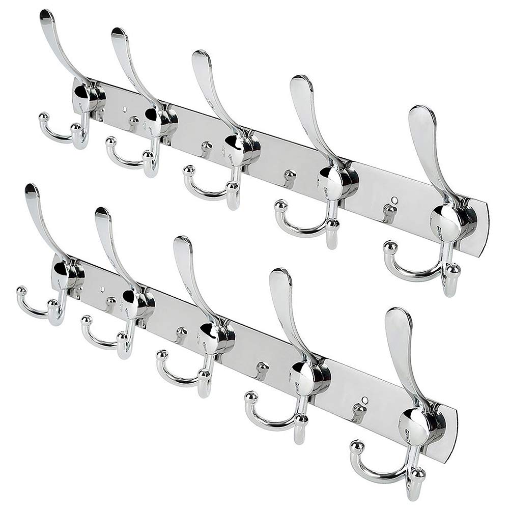 Wall Mount Coat Hooks,5 Tri Hooks Heavy Duty Stainless Steel Hook Rail for Coat Hat Towel Robes Mudroom Bathroom Entryway(2 Pack,Silver