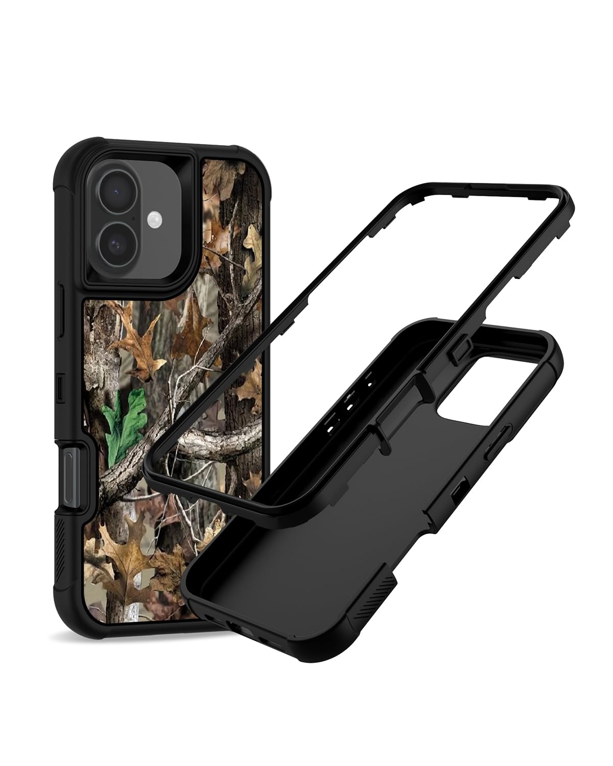 Compatible with iPhone 16 Case Camo Leaf Design for Men Boys, 3-Layer Rugged Shockproof Hard Plastic Bumper +Soft Silicone Rubber Heavy Duty Protection Cover