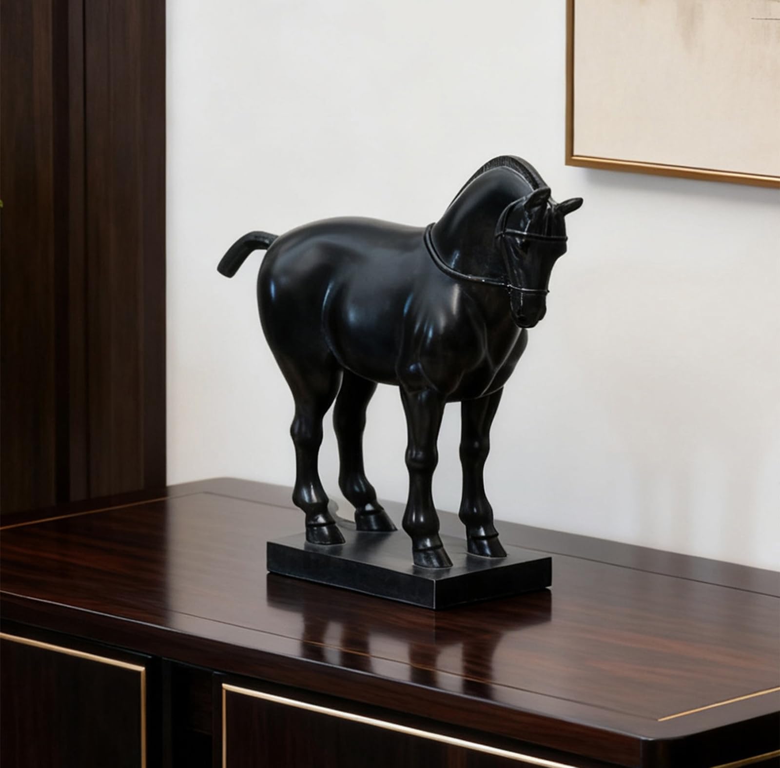 Duża chińska statua galopującego konia – 22-calowy wystrój Feng Shui z żywicy, antyczna rzeźba z brązu, sukces do salonu, gabinetu, biura szefa, modelowej dekoracji wnętrz,Black