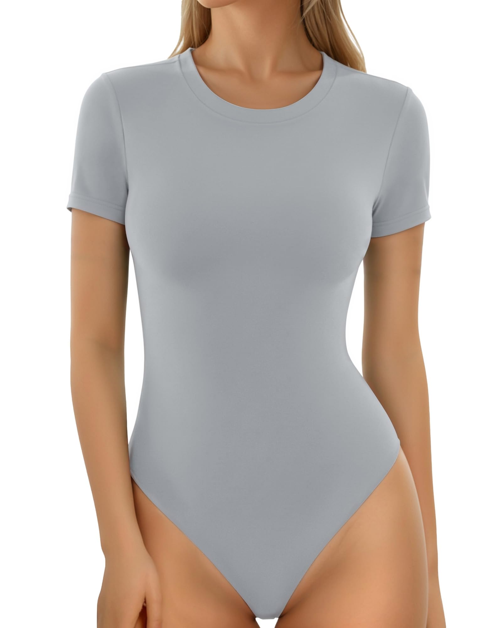 MANGOPOP Body básico de manga corta con cuello redondo para mujer, Gris (Elephant Grey), Large