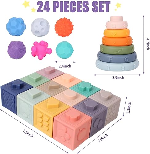 Miniatura 8 de LittleElves Juguetes Montessori 3 en 1 para bebés de 18 meses, juguetes para bebés de 2 años, bloques apilables para bebés, juguetes de dentición