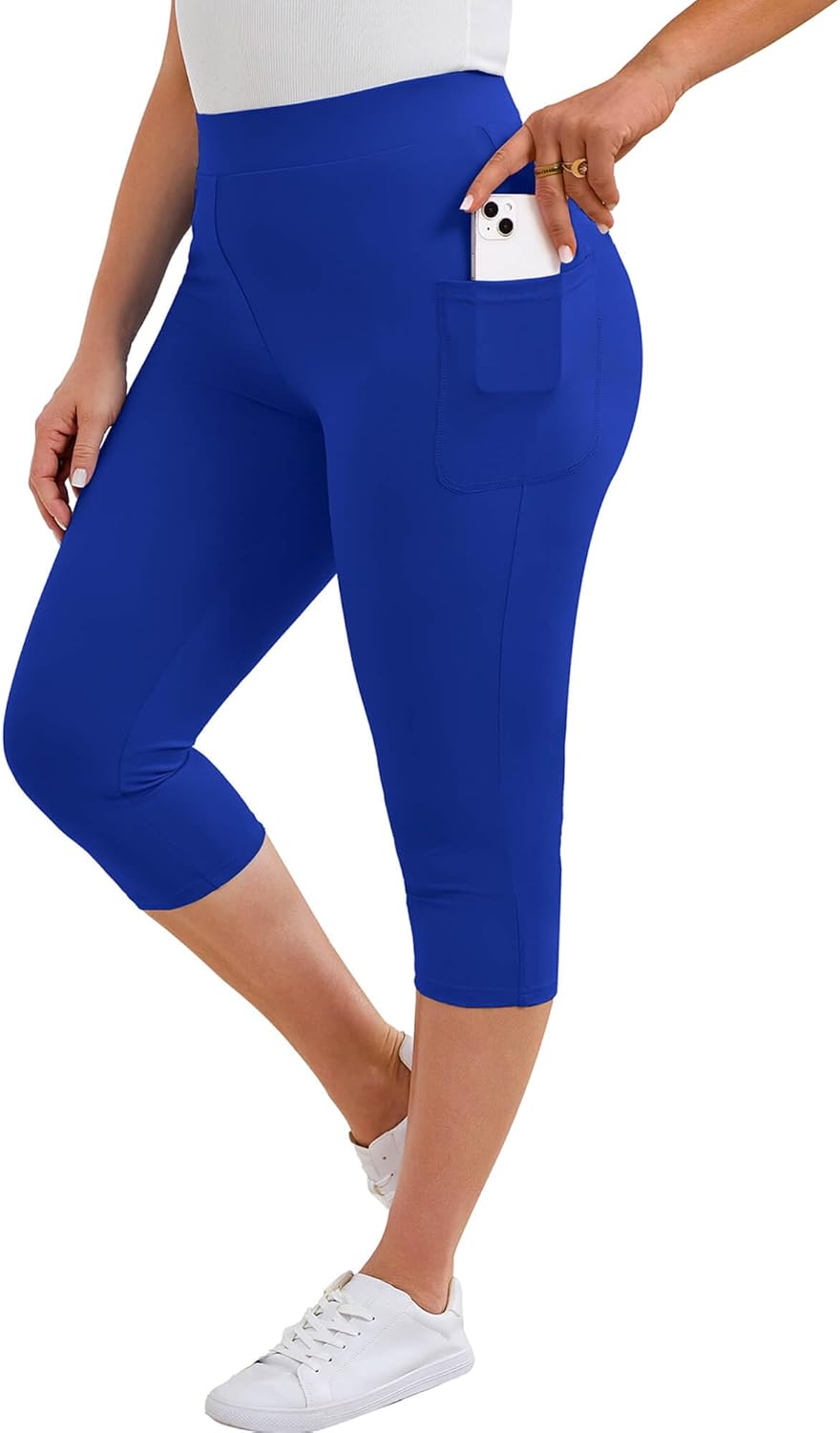 AusLook Plus Size Capri Leggings for Women with Pockets High Waisted Tummy Control Cropped Leggings Casual Stretch Pant 1X-5X