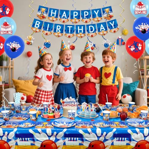 Obussgar Bowling-Geburtstagsparty-Dekorationen – Bowling-Partyzubehör, darunter Banner, Teller, Kuchendekoration, Becher, Servietten, Luftballons, Tischdecken – für 20 Personen (LQ)
