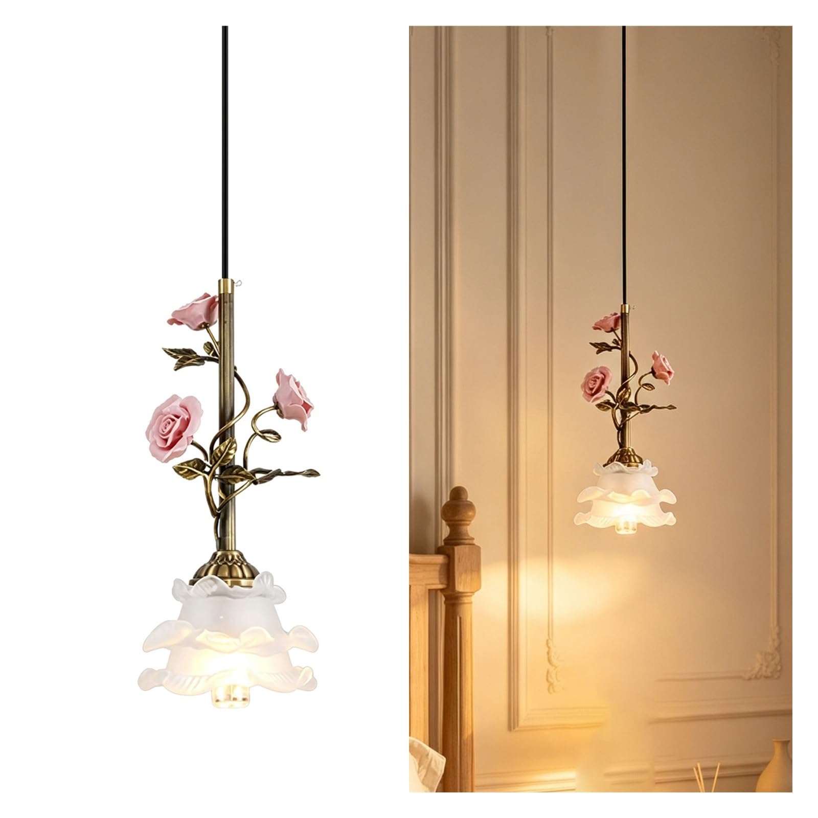 Lámpara colgante de cerámica floral rosa Lámpara colgante vintage