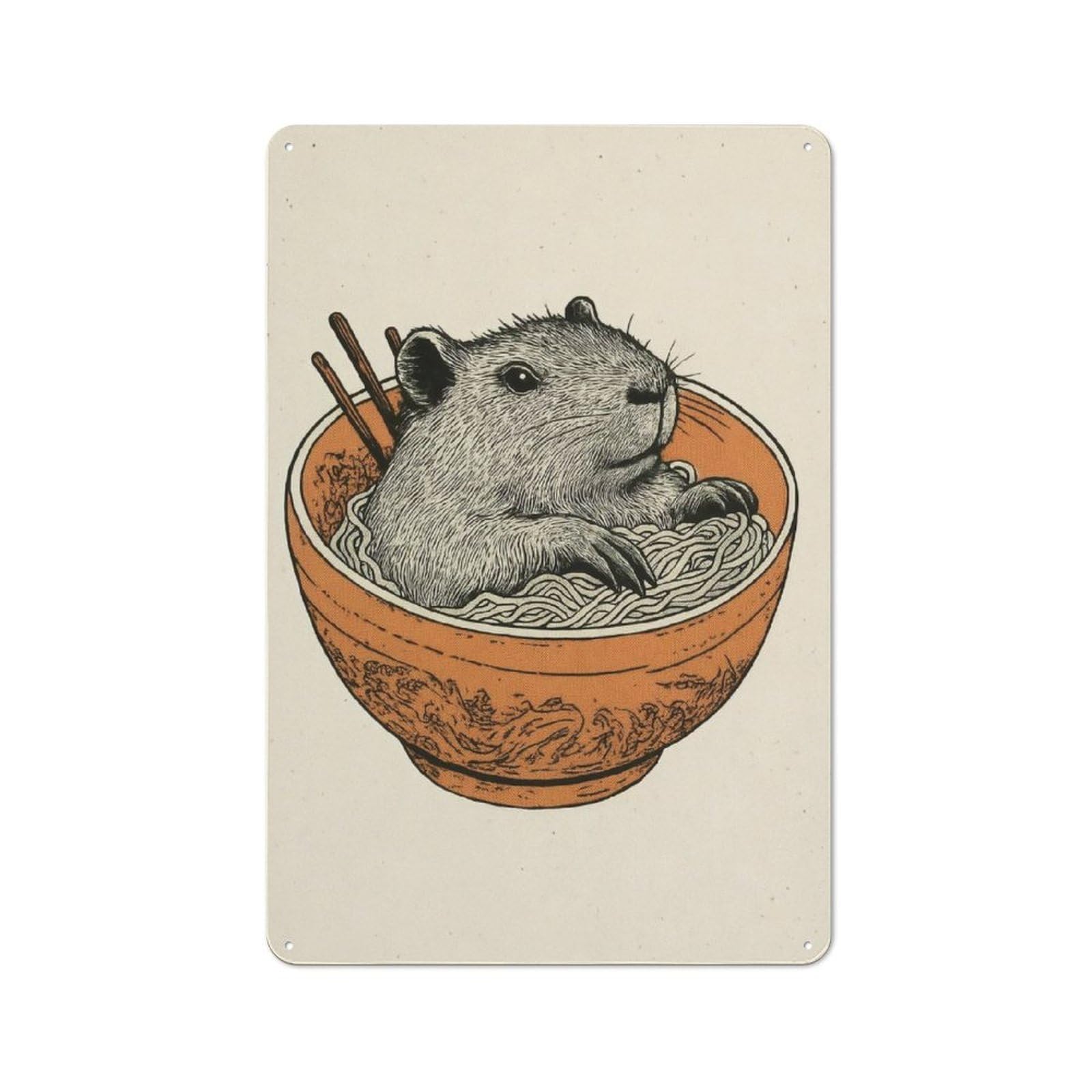 Junmoney Style-24 Capybara In Ramen Bowl Illustration Retro Metal Wall Decor 30X20cm, Decorative Tin Plaque For Bar, Kitchen, Garage Or Games Room