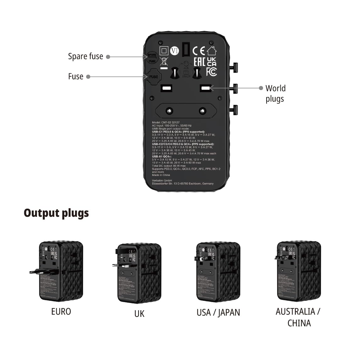 Verbatim GaN uniwersalny adapter podróżny z wbudowanym kablem USB C, 85 W, adapter z 1 gniazdem USB-A i 3 portami USB-C, szybka ładowarka do laptopa, telefonu komórkowego, aparatu, do zastosowania na