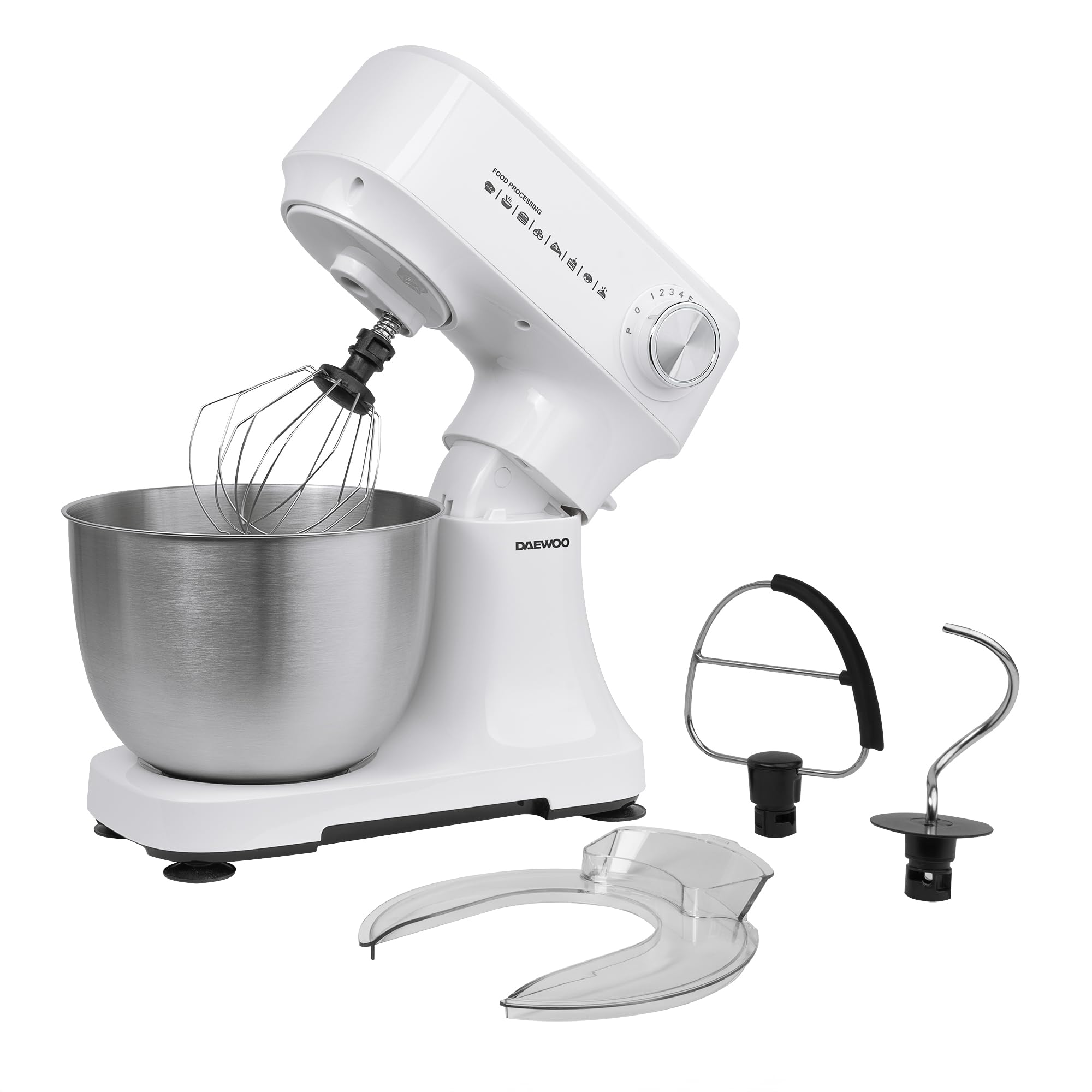 Daewoo Essentials - Mezclador de pie de 3,5 litros con cuenco de acero inoxidable, 3 accesorios, batidor plano, batidor de globos, gancho de masa, protector contra salpicaduras, 12 velocidades más