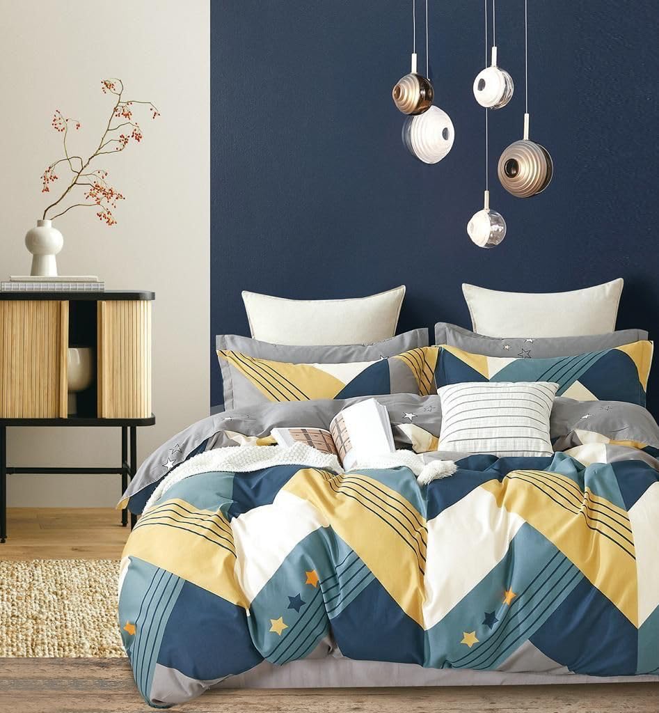 DECOMIZER Cotton Feel Glace Cotton Elastic Fitted All Around Printed Full Length Single Bed Bedsheet With 1 Pillow Cover 300 TC Fits Upto 6 Inches Mattress,Size- 42X75X8 Inches,Blue Arrow