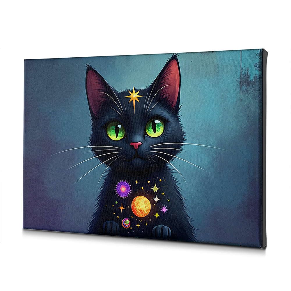 Toile décorative chat noir magique 30x40 cm tableau cosmique mystique