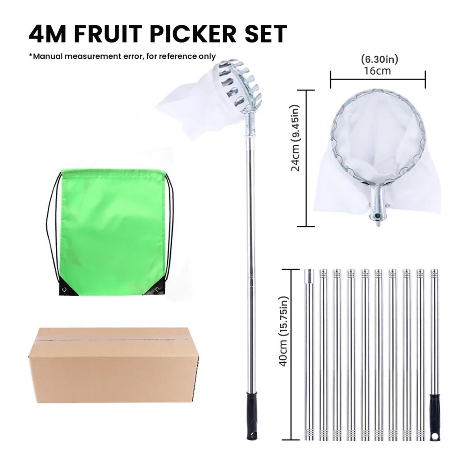 Raccoglitore di Frutta Giardino del frutteto con raccoglitrice di Frutta in Acciaio Inossidabile da 1,6-4 m | Strumento for la raccolta degli alberi alti, raccolta di raccoglitori di frutta(4M)