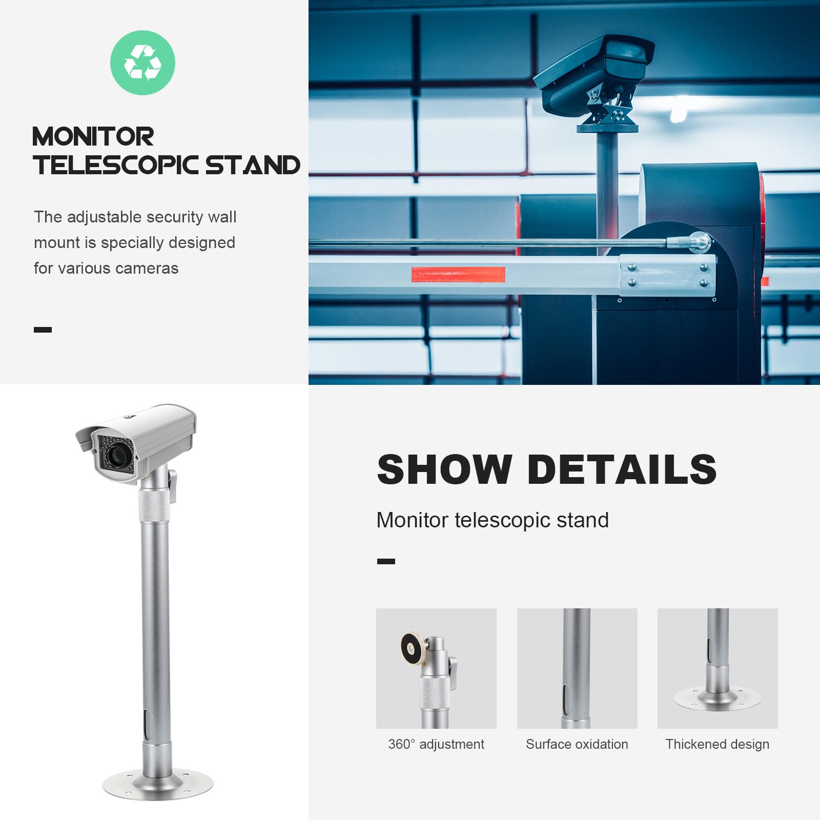 Soporte de Pared Telescópico para Cámara de Seguridad de Aleación de Aluminio 360 Grados Ajustable para Uso en Interiores y Exteriores