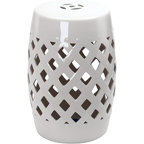 Outsunny 13" x 18" Ceramic Garden Stool with Woven Lattice Design & Glazed Strong Materials Decorative Outdoor Stool, White