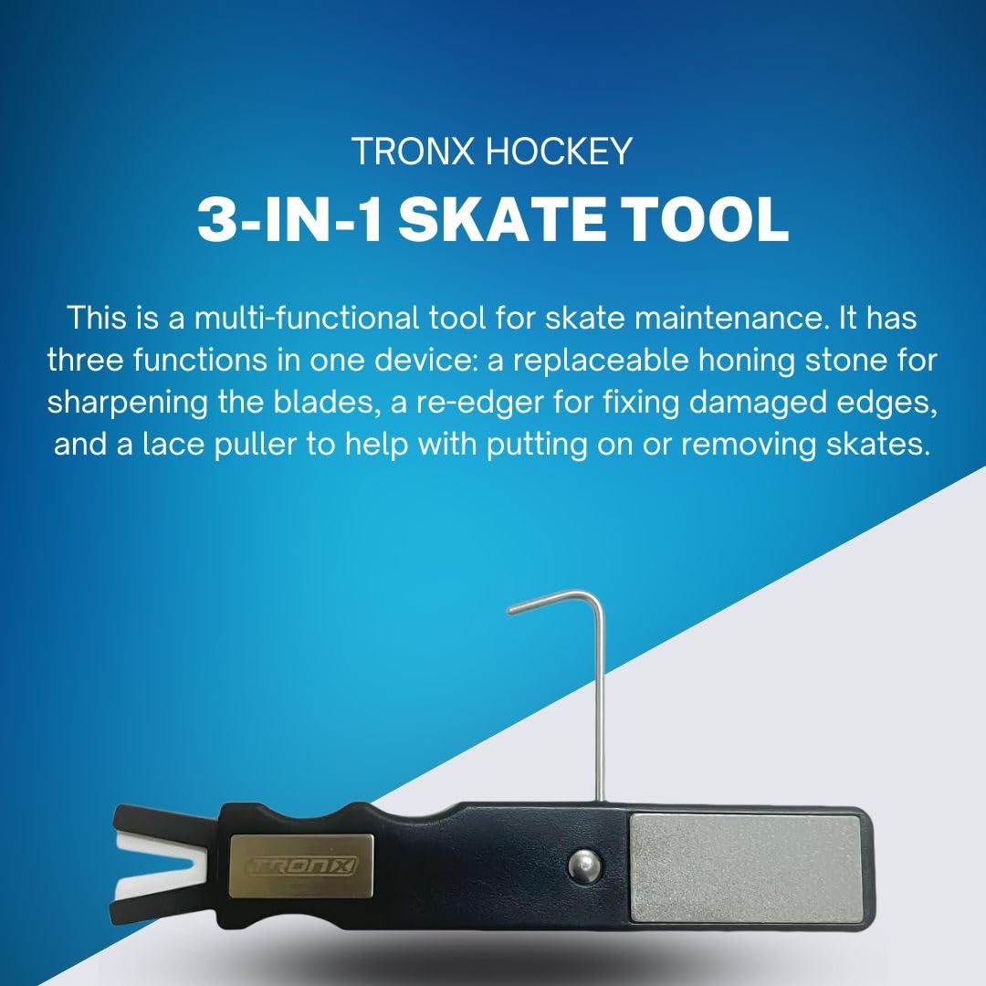 TronX 3-in-1 Hockey Ice Skate Blade Sharpening Tool - 3-in-1 Skate Tool with Replaceable Honing Stone, Re Edger, and Lace Puller - Multi-Function Ice Skate Sharpener for Hockey Skates