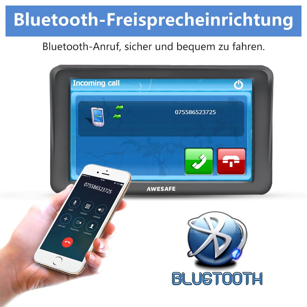 AWESAFE Bluetooth Navigationsgeräte für Auto, 7 Zoll Touchscreen, GPS Navigation für LKW PKW KFZ, 2023 Europa Karten unterstützt lebenslang kostenloses