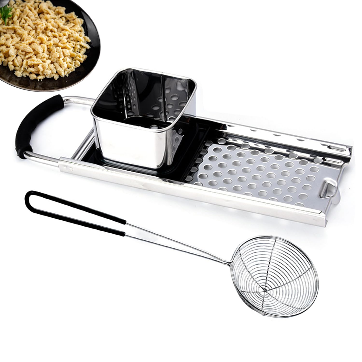 Stainless Steel Spaetzle Maker Set, Widen Handle Homemade Egg Noodle Dumpling, Stainless Steel Spider Strainer for pots and Pans Making Tool, Homemade German Egg Noodle Dumpling Making Tool Set