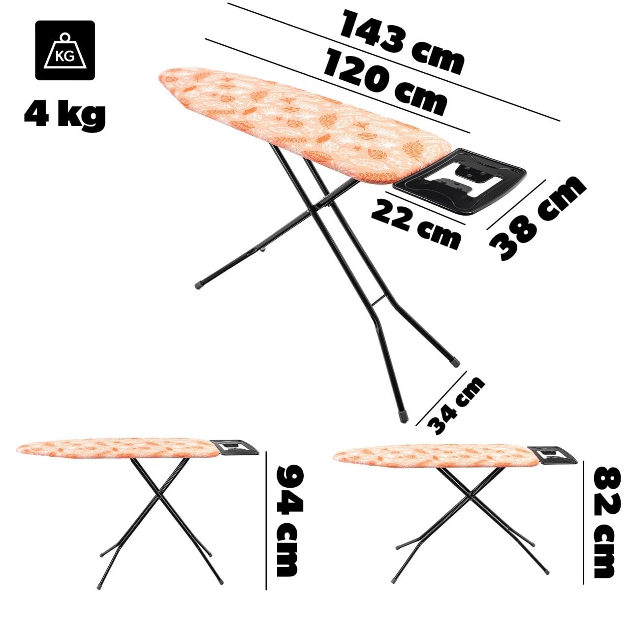 KADAX Asse da stiro pieghevole da 120 x 38 cm, con robusta struttura in acciaio, rivestimento resistente al calore e ripiano per ferro da stiro, regolabile in altezza (arancione)