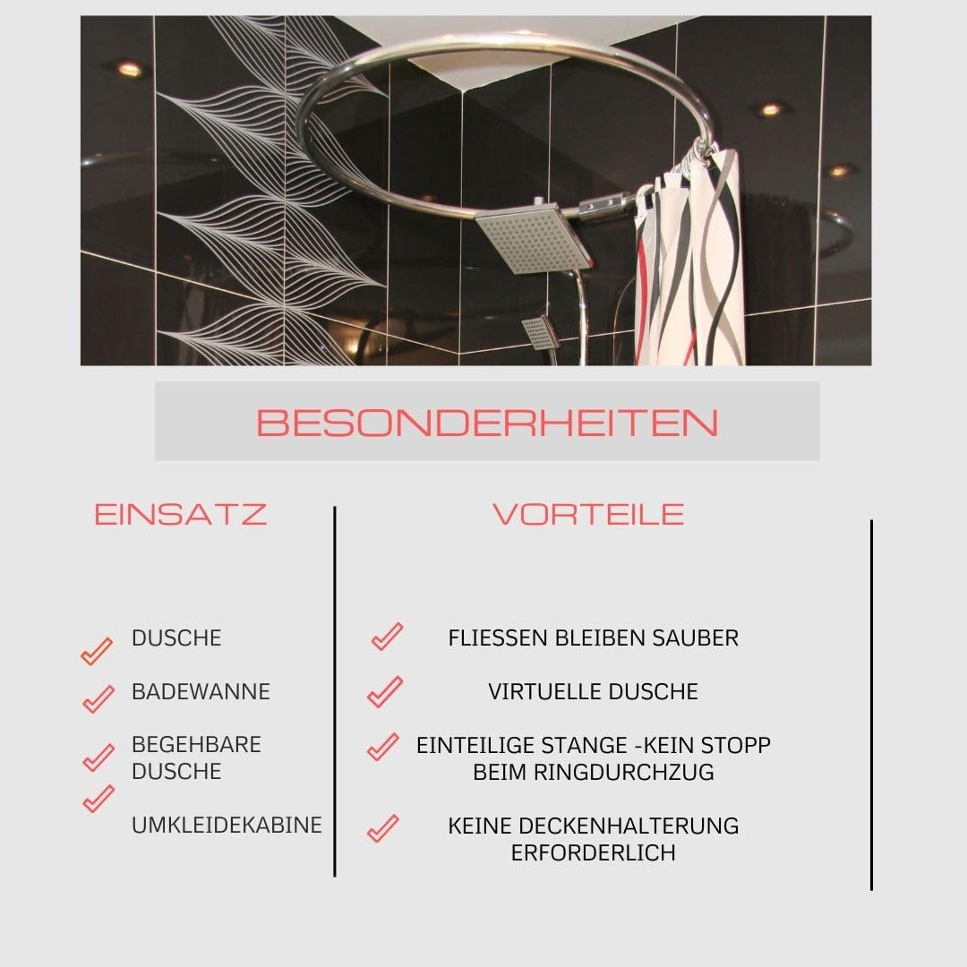 Alu Ringstange Chrom Glänzend RUND Ø 80 cm Duschvorhangstange Winkelstange für Duschvorhang Runddusche Badewanne