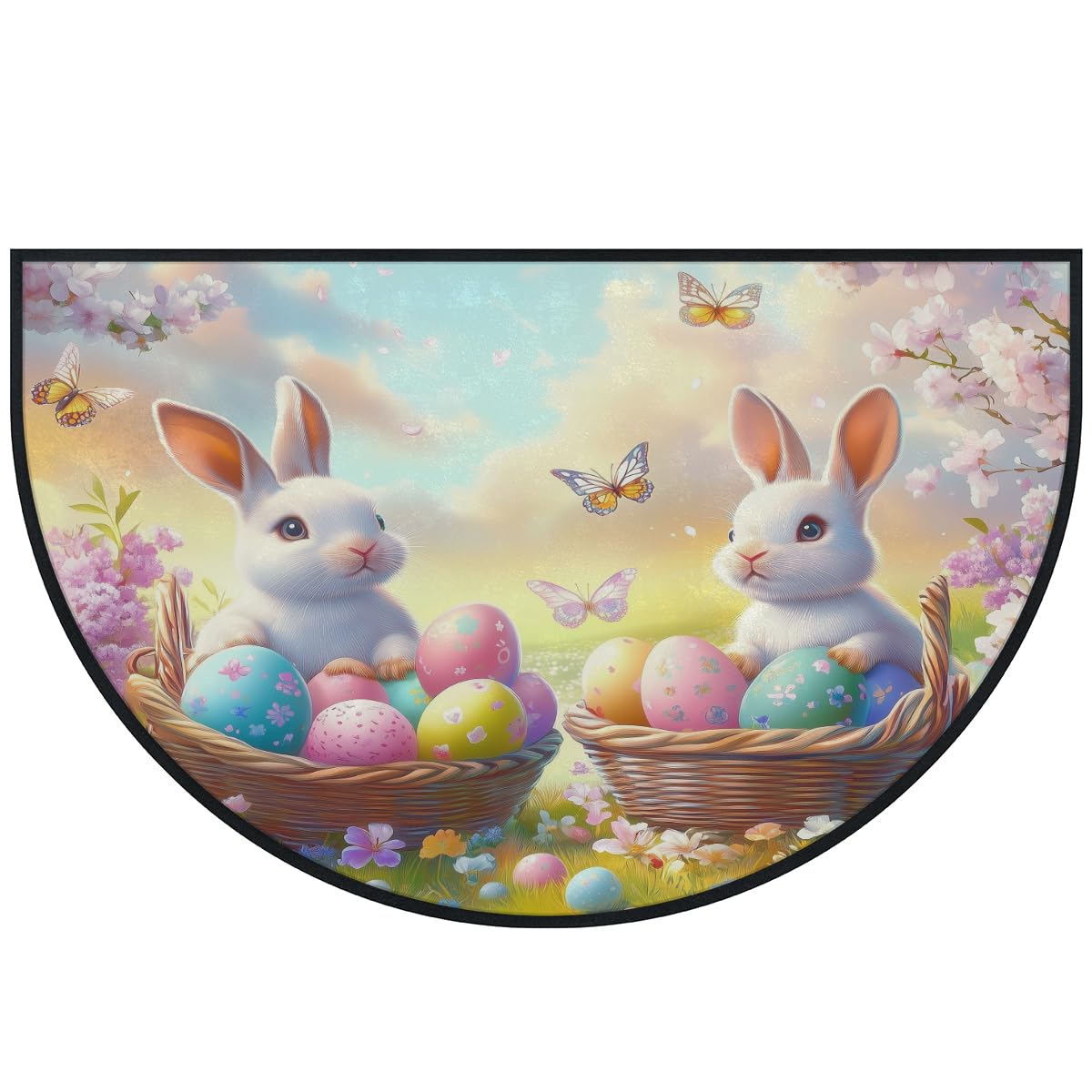 Mexpekil Paillasson demi-rond en forme de demi-lune pour intérieur et extérieur - Motif paysage d'œufs de Pâques - Demi cercle - Absorbant la saleté - 100 x 160 cm