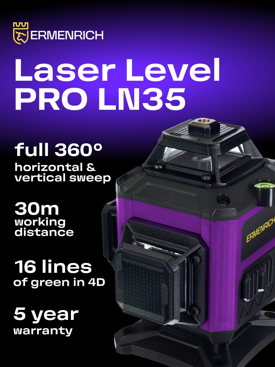 PRO LN35 Samopoziomujący Poziomica Laserowa Tryb Impulsowy 30 m 4D 360° — IP54 Pilot Zdalnego Sterowania Ładowalna Uchwyt Magnetyczny Mikropodnośnik Akumulator Li Ion W Zestawie