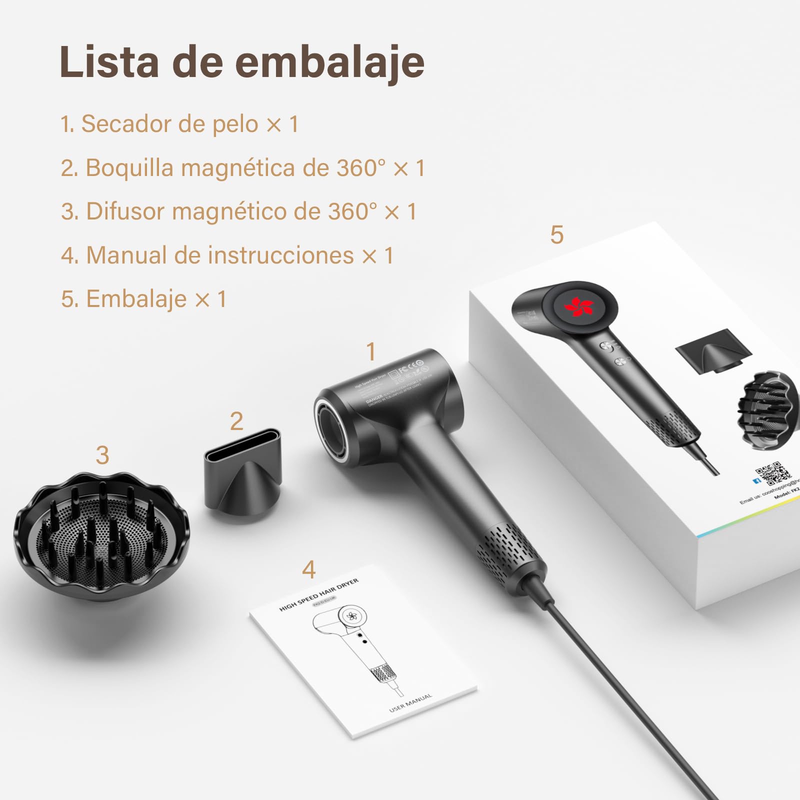 Secador Pelo Profesional con Difusor, 400 Millones de Plasma, Motor Sin Escobillas de 110.000 RPM, Secado Rápido, 57 dB de Ruido Bajo Secador de Pelo Profesional para Viaje, Casa