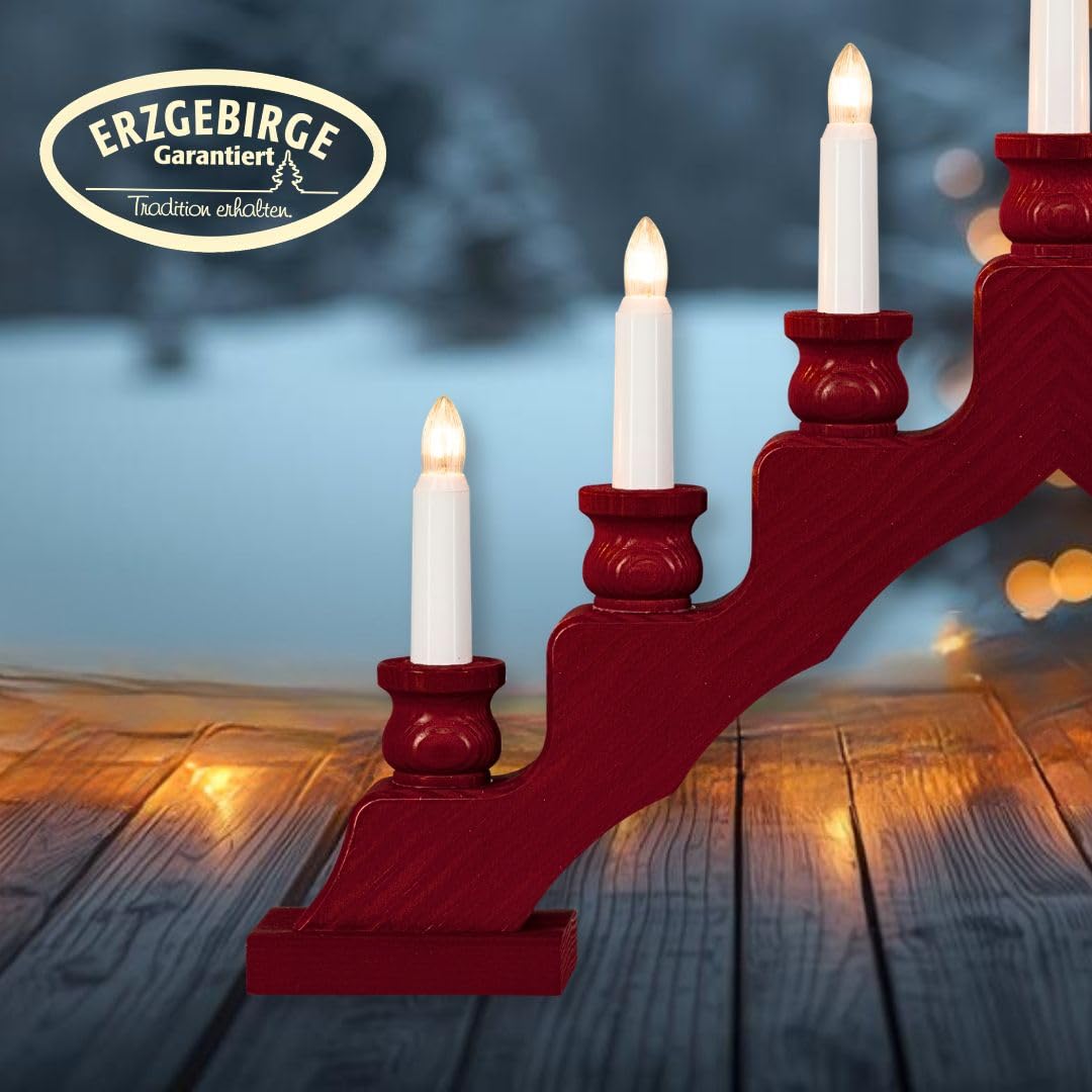 weigla - Schwedenleuchter original Erzgebirge I Trendiger Schwede BORDEAUX I Schwibbogen Weihnachten I 7 Lampenkerzen + 1 Ersatzlampe I 7 x 34 V, 3 W, E10 I Weihnachtsdeko innen I Kiefernholz