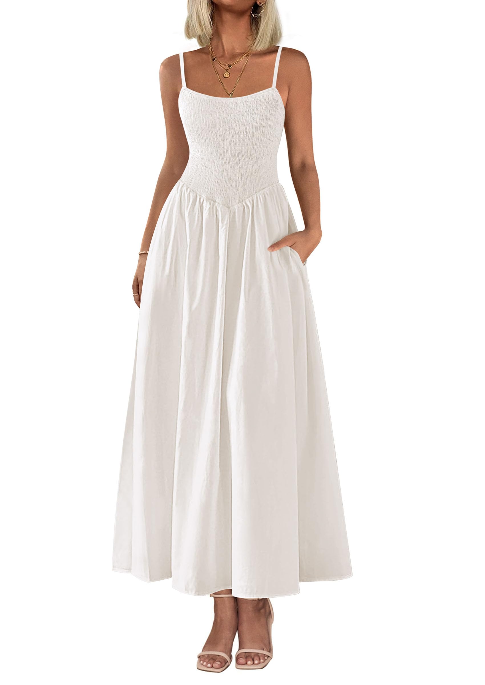 PRETTYGARDEN Womens Smocked Maxi Dresses 2026 Summer Sundress Casual Spaghetti Strap Swing A Line Long Flowy Beach Dress
