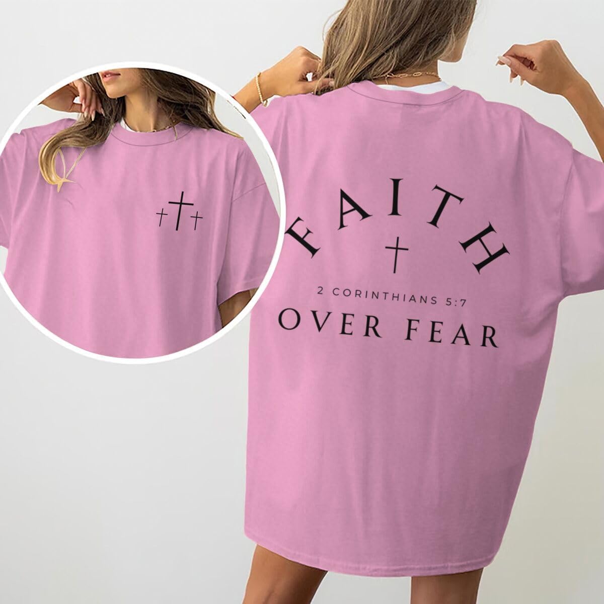 Faith Over Fear T-Shirts for Women Christian Cross Shirts Bible Verse Shirt Oversized Tees Christian Tshirts - Image 2