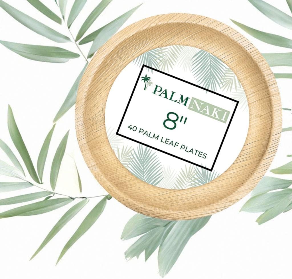 PALM NAKI Palm Leaf Plates | 8" Round | Compostable Bamboo-Style Decorative Plates | Ideal for Events, Gatherings, and Everyday Elegance - 40 Pack