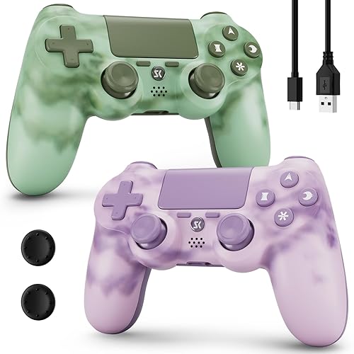 Wireless Controller for PS4, 2 Pack Controllers for PS4 with Double Vibration/6-Axis Sensor/Touch Pad/Headphone Jack, Ergonomic Non-Slip Grip Compatible with PlayStation 4/Slim/Pro (Green & Pink) - Green+Pink