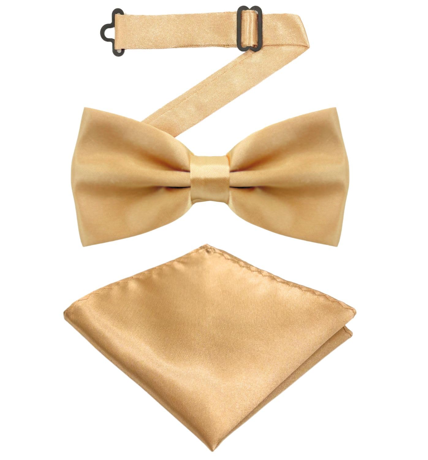 MDSTYLE Bow Ties for Men Pre-Tied Adjustable - Classic Men's Bow Tie - Tuxedo Wedding Formal Bowtie Solid Color Bowties (Champagne Gold Bow Tie and Pocket Square)