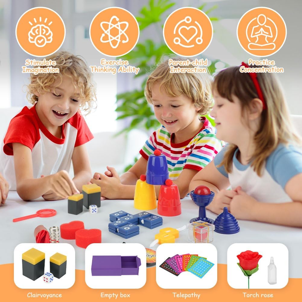 OSDUE Magiczne gry, 24 magiczne sztuczki dla dzieci, mały początkujący magiczna różdżka, zestaw magicznych sztuczek dla dzieci z magiczną peleryną i kapeluszem, prezent dla chłopców, dziewcząt