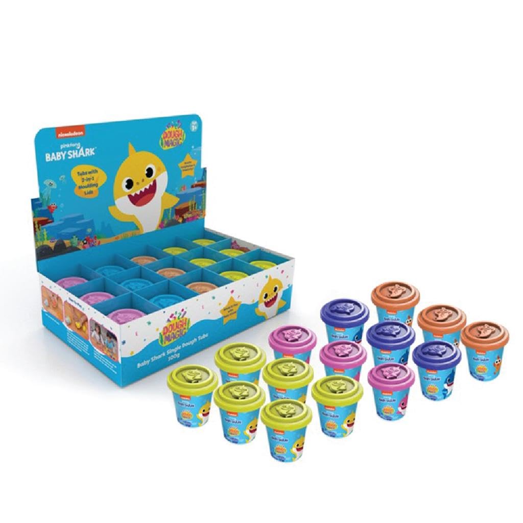 Baby Shark with 2 in 1 Moulding Lid Pack of 15 Tubs 100gm Each|Soft Water Based Dough|Non-Toxic|for Kids 3 Years+|Art & Craft Activity|Birthday & Return Gifts|Made in India,Multicolor