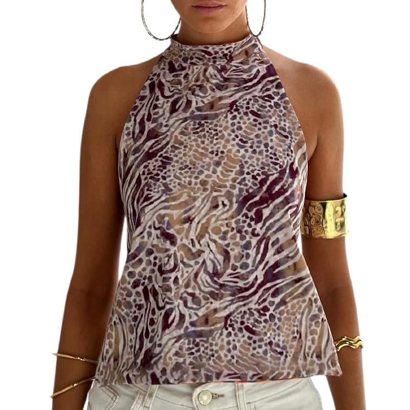 Women Y2k Floral Halter Tank Top Sexy Backless Mock Neck Top Sleeveless Beach Going Out Shirts Aesthetic Vacation Clothes