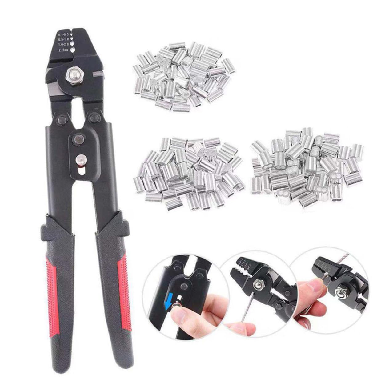 Pinza Crimpatrice per Funi Metalliche a 4 Posizioni M1.2-m2 | Acciaio al Carbonio, Meccanismo Autobloccante, 1 Pezzo con 180 Manicotti in Alluminio