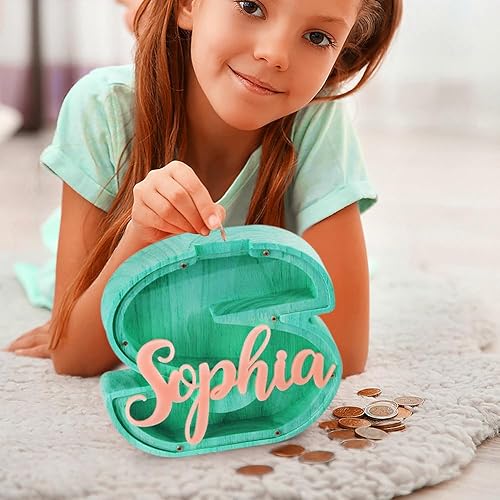 Miniatura 10 de callie Alcancía personalizada con múltiples fuentes con texto multicolor grabado, caja de dinero personalizada de madera con inicial para niños y