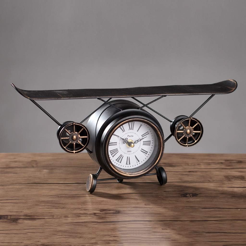 Vintage Wrought Iron Airplane Model Wall Clock Creative Living Room Wine Cabinet Bedroom Clock Mute Table Clock Decoration Decoration Clock (Color : A, Size : 40cmX9cm)