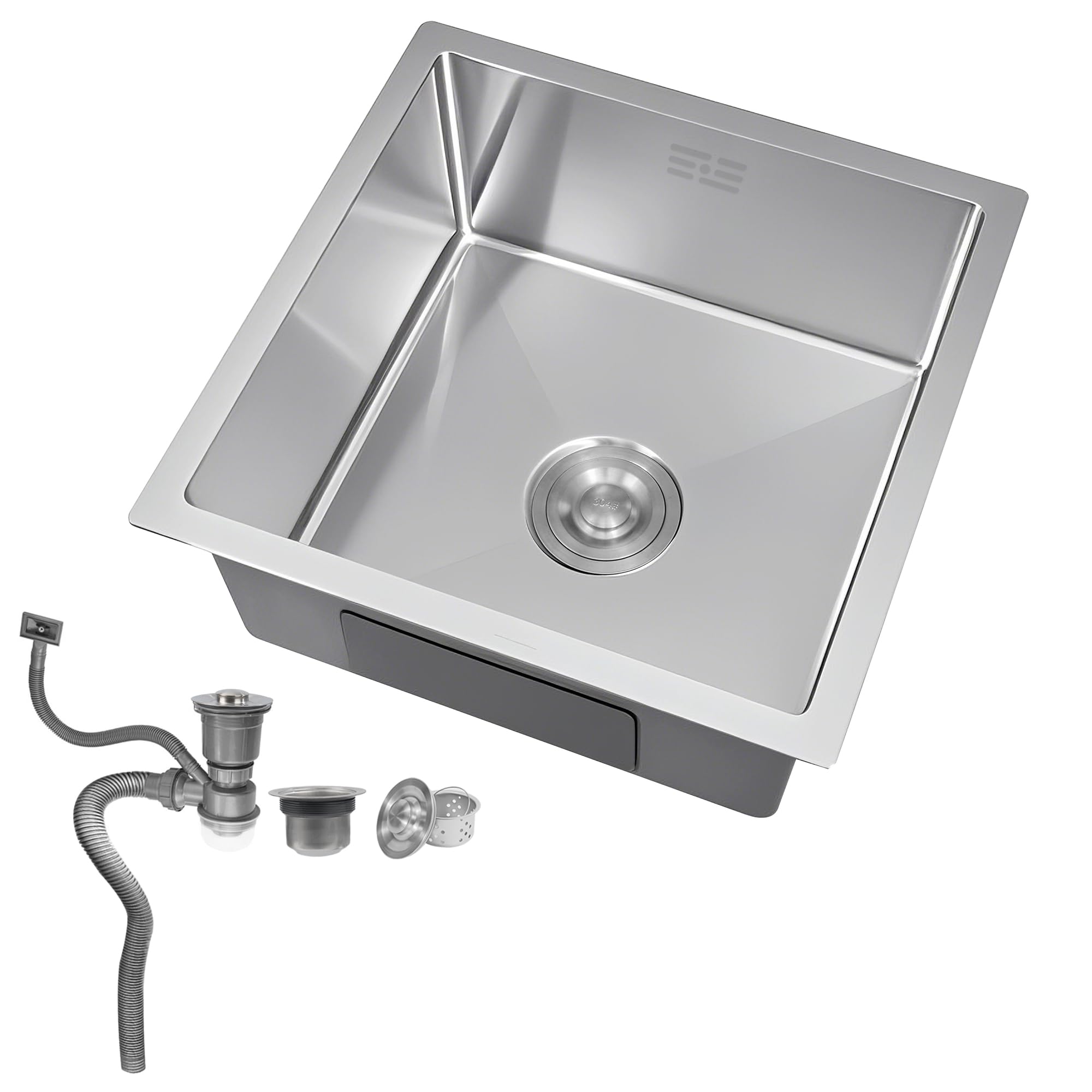 Lavello Cucina in Acciaio Inox 304, 45 x 45cm Lavello da Cucina Piccolo, Lavello a Vasca Singola con Set di Drenaggio, Sottopiano e Incasso (Argento)