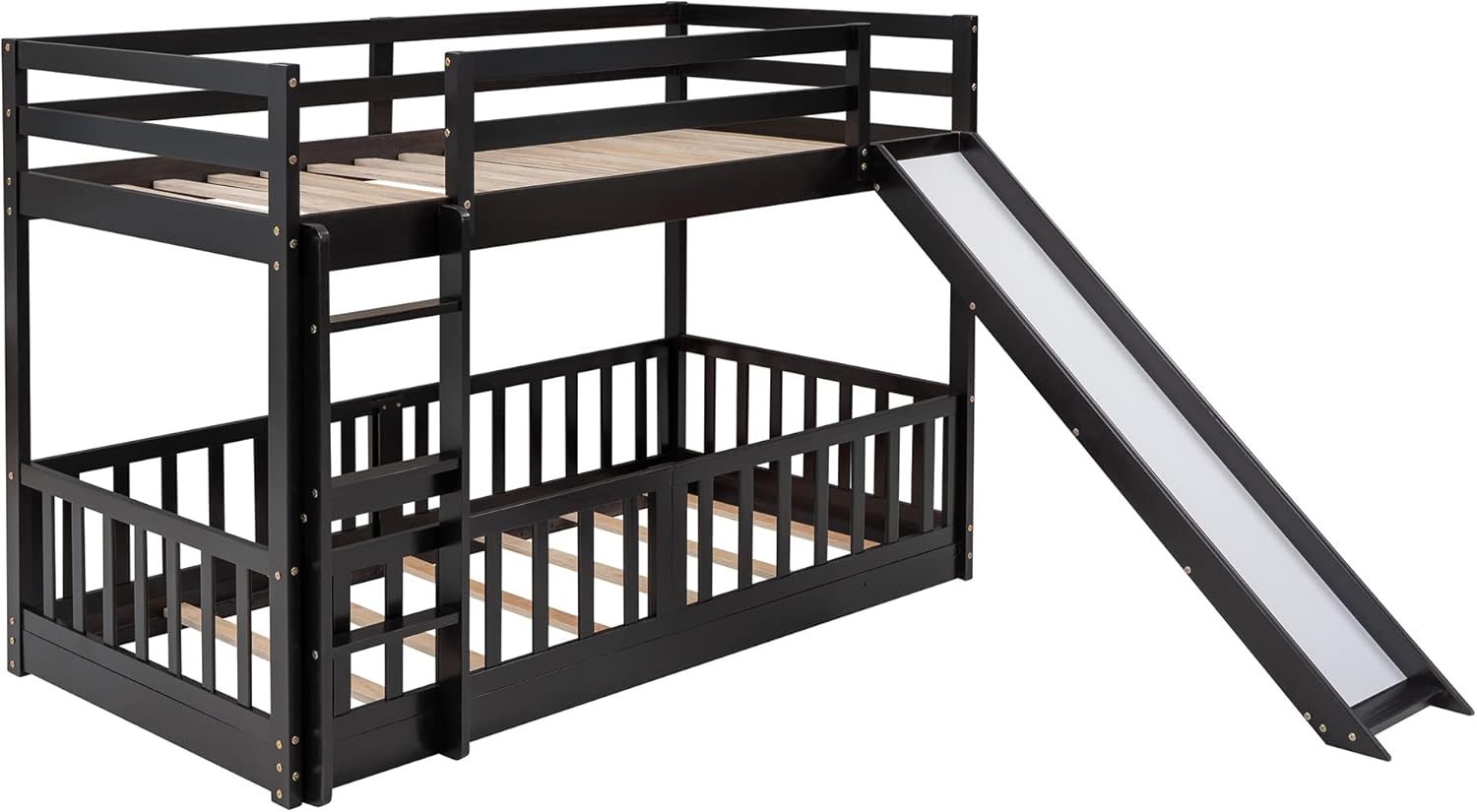 SOFTSEA Twin Over Twin Low Bunk Bed with Slide and Fence for Kids Teens